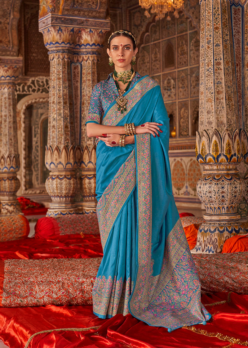 Monjolika Fashion Aqua Blue Silk Blend Print Work Traditional Saree for Ceremonial | Grocsy