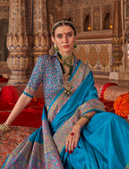 Monjolika Fashion Aqua Blue Silk Blend Print Work Traditional Saree for Ceremonial | Grocsy