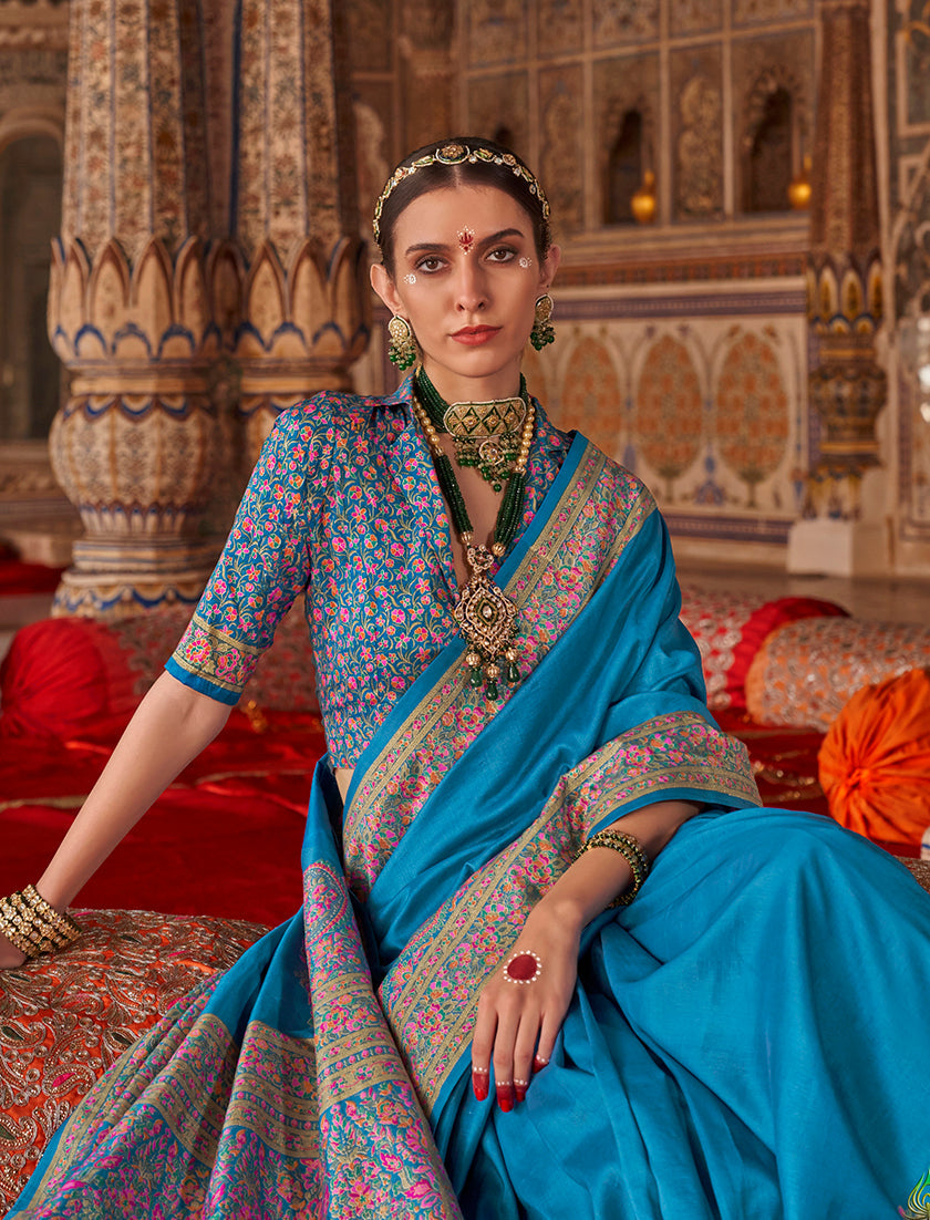 Monjolika Fashion Aqua Blue Silk Blend Print Work Traditional Saree for Ceremonial | Grocsy