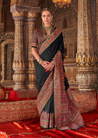 Monjolika Fashion Black Silk Blend Print Work Traditional Saree for Ceremonial | Grocsy