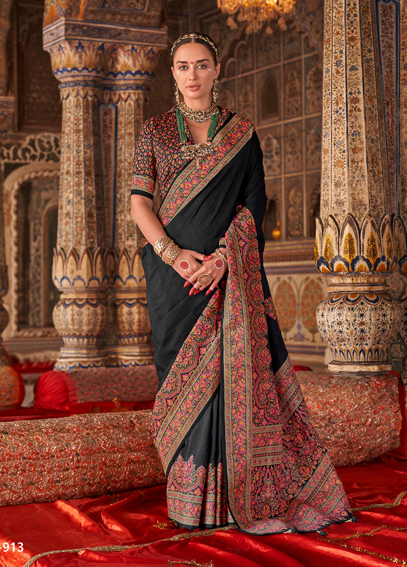 Monjolika Fashion Black Silk Blend Print Work Traditional Saree for Ceremonial | Grocsy