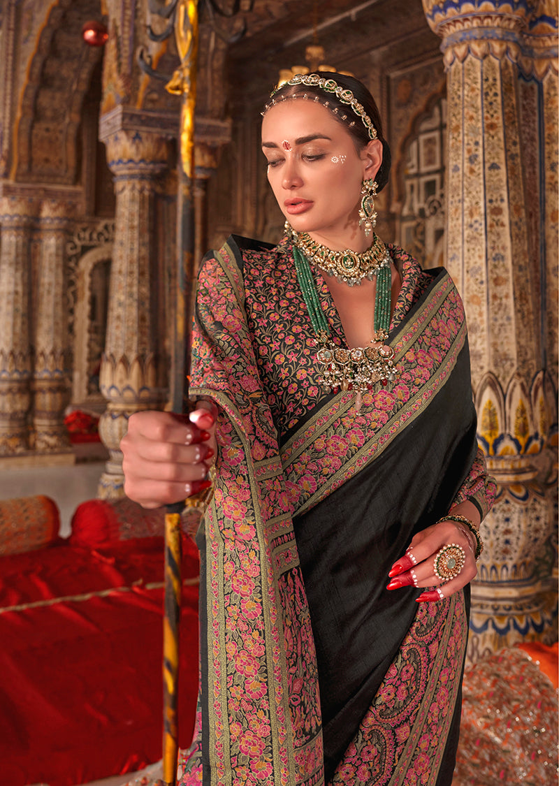 Monjolika Fashion Black Silk Blend Print Work Traditional Saree for Ceremonial | Grocsy