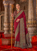 Monjolika Fashion Maroon Silk Blend Print Work Traditional Saree for Ceremonial | Grocsy