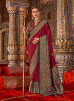 Monjolika Fashion Maroon Silk Blend Print Work Traditional Saree for Ceremonial | Grocsy