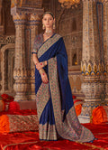 Monjolika Fashion Navy Blue Silk Blend Print Work Traditional Saree for Ceremonial | Grocsy