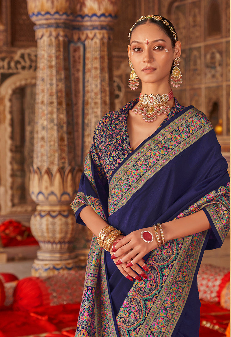 Monjolika Fashion Navy Blue Silk Blend Print Work Traditional Saree for Ceremonial | Grocsy