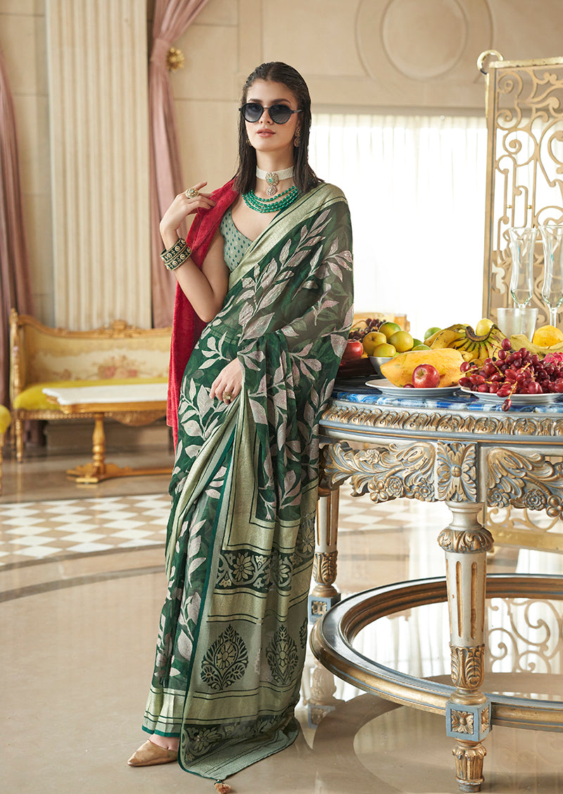 Monjolika Fashion Georgette Classic Saree with Fancy Work for Ceremonial in Dark Green | Grocsy