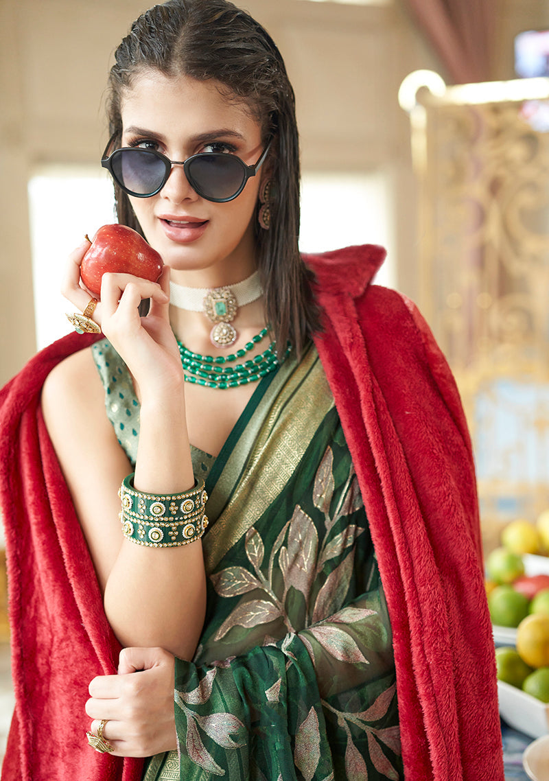 Monjolika Fashion Georgette Classic Saree with Fancy Work for Ceremonial in Dark Green | Grocsy