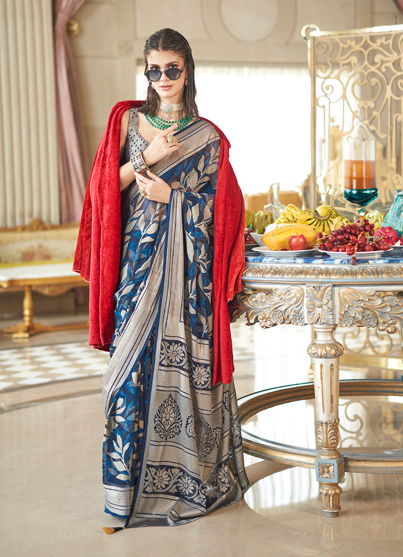 Monjolika Fashion Georgette Classic Saree with Fancy Work for Ceremonial in Navy Blue | Grocsy