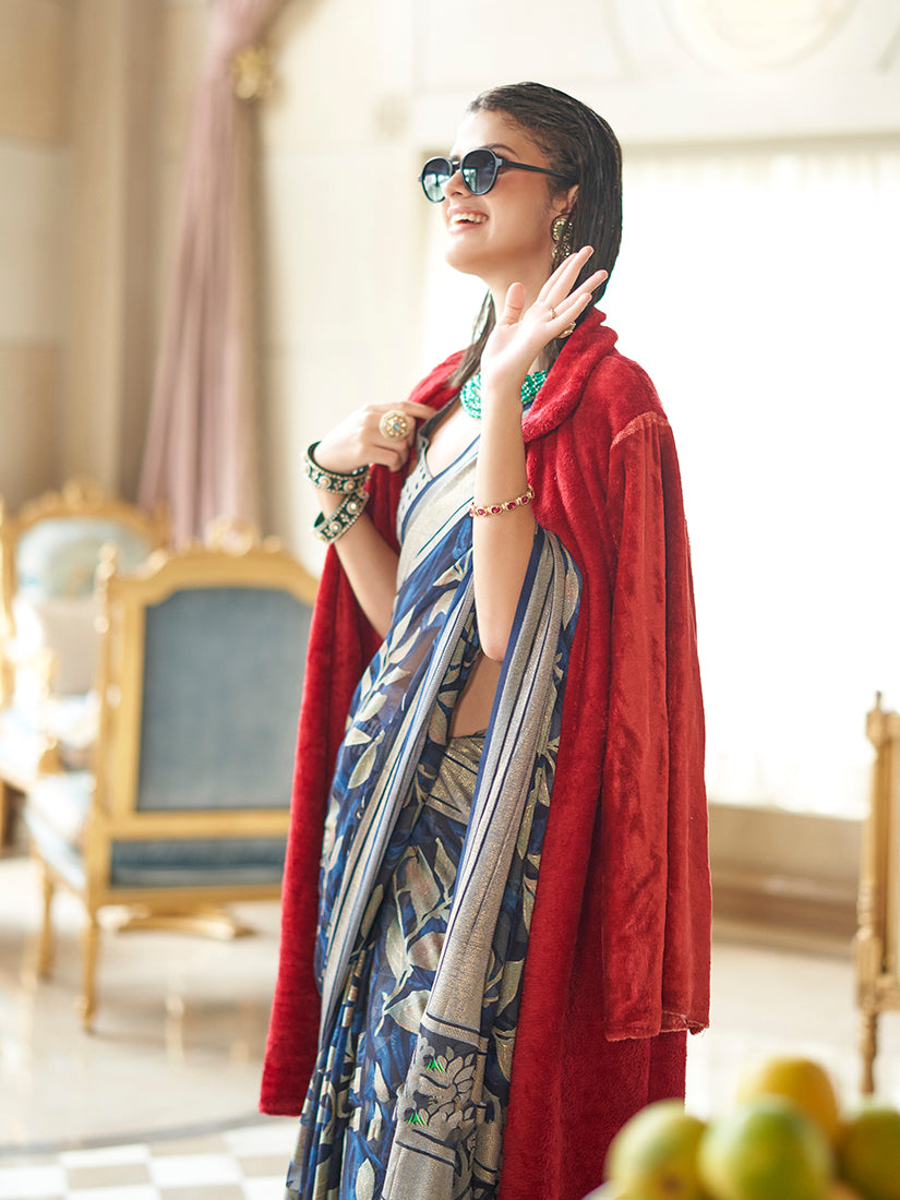 Monjolika Fashion Georgette Classic Saree with Fancy Work for Ceremonial in Navy Blue | Grocsy