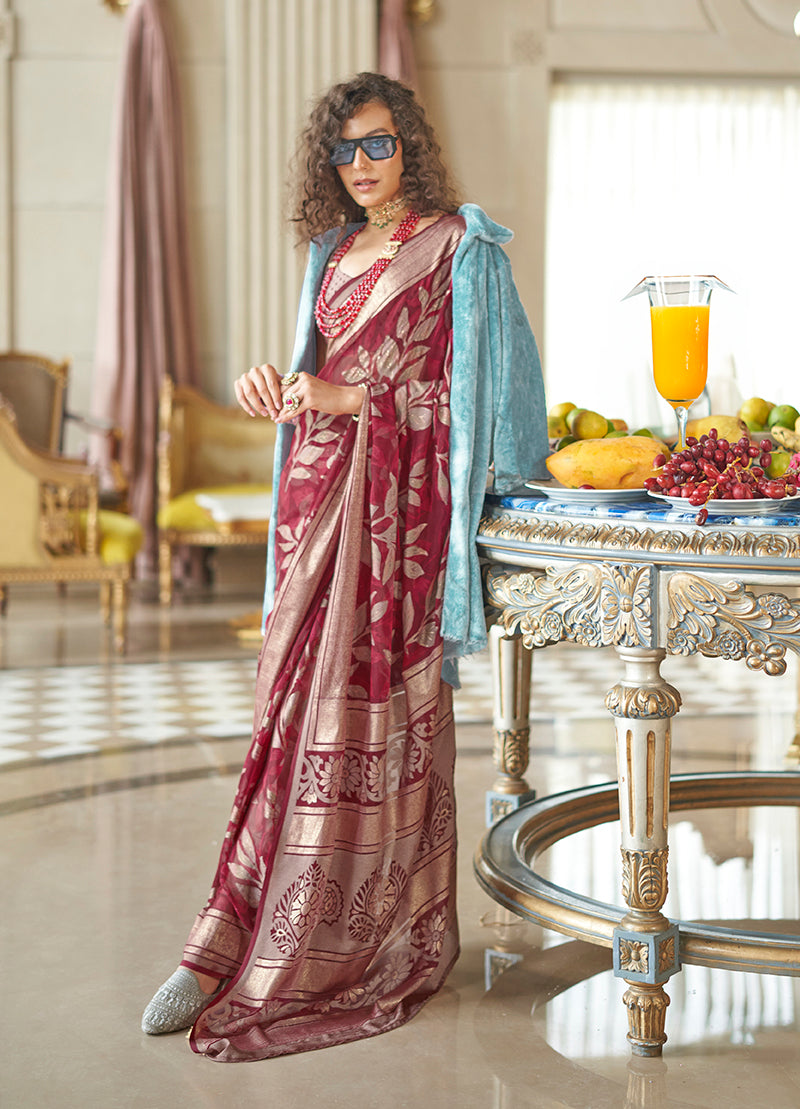 Monjolika Fashion Georgette Classic Saree with Fancy Work for Ceremonial in Red | Grocsy