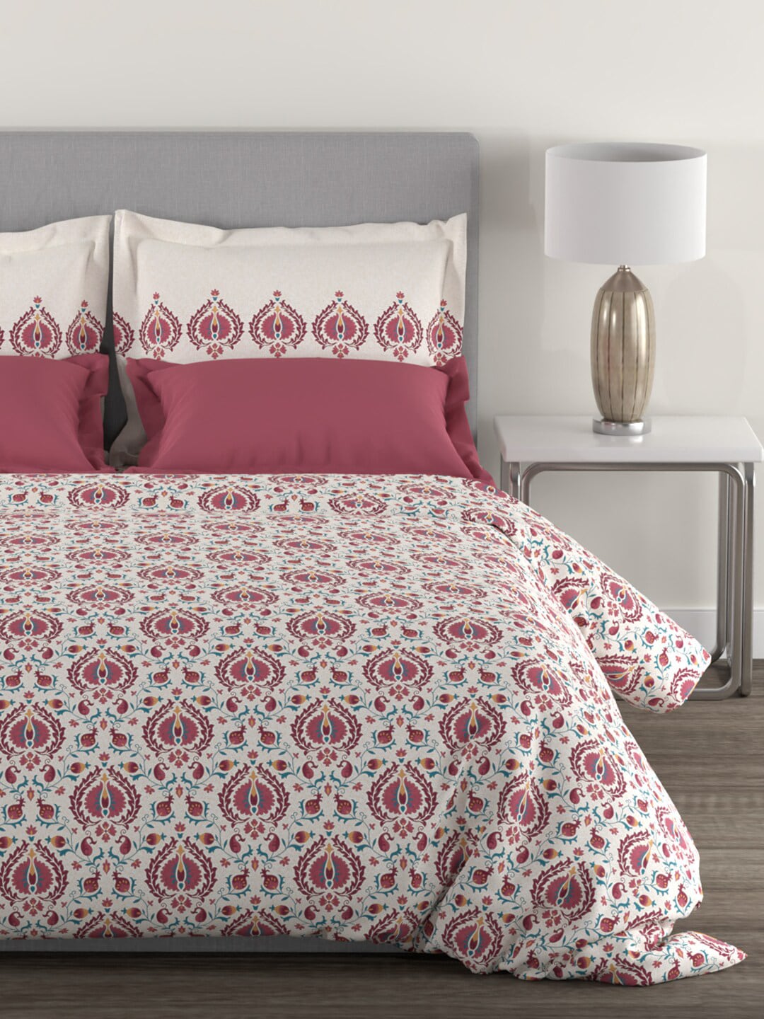 MYTRIDENT White Red Ethnic Motifs 144 TC Cotton Queen Bedsheet With 2 Pillow Covers | Grocsy