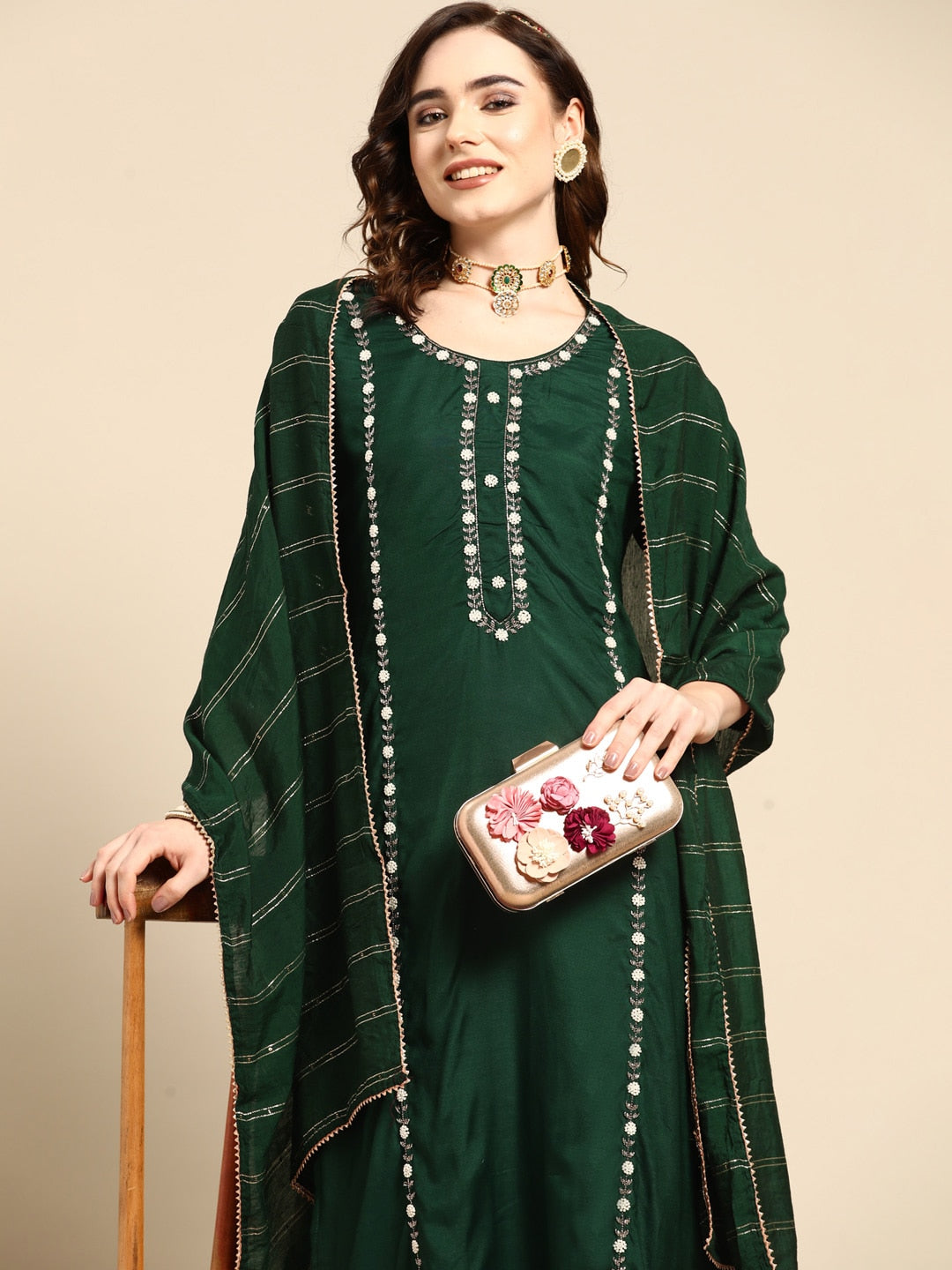 Sangria Women Green & White Ethnic Embellished Beaded Kurta with Trousers & Dupatta | Grocsy