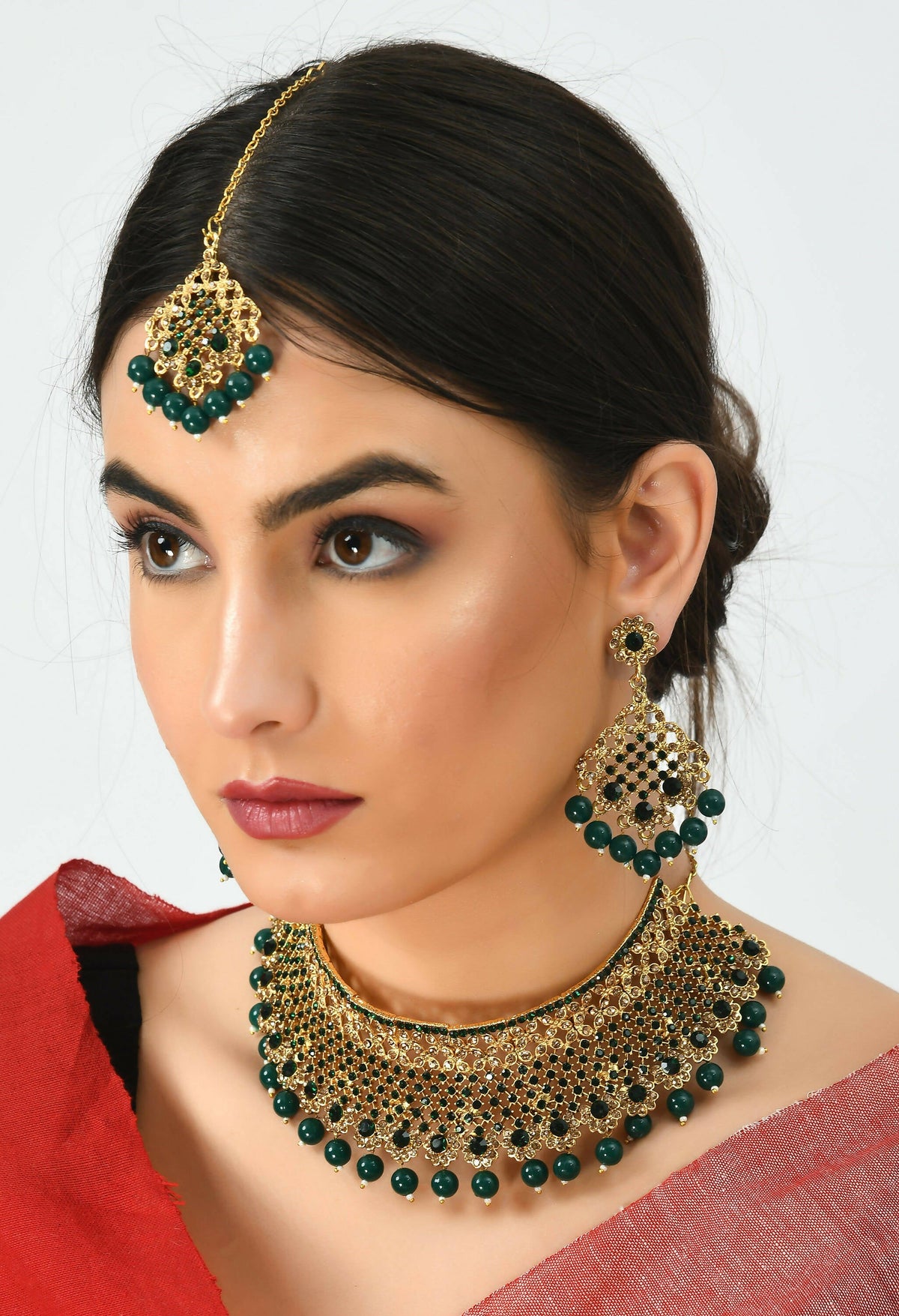 Mominos Fashion Johar Kamal Traditional Rajwadi Design Heavy Golden/Green Color Necklace Set | Grocsy