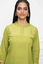Myshka Women Green Solid Mandarin Collar Regular Sleeves Pure Cotton Top | Grocsy