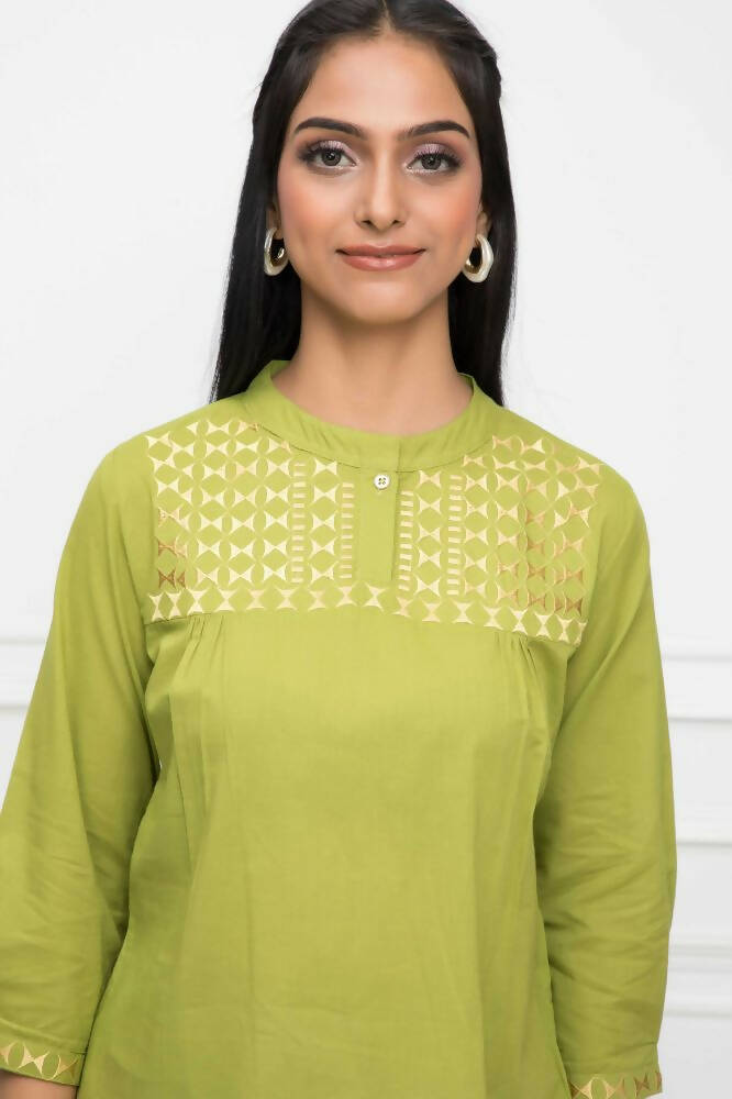 Myshka Women Green Solid Mandarin Collar Regular Sleeves Pure Cotton Top | Grocsy