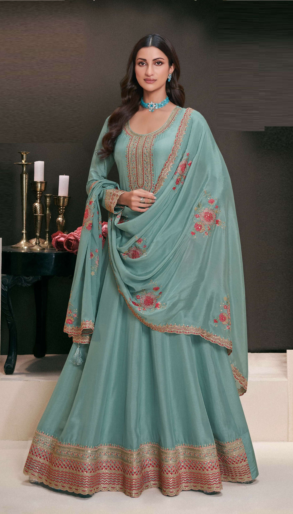 Anaita Teal Embroidered Work Silk Stitched Anarkali Suit | Grocsy