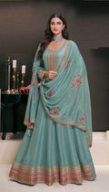Anaita Teal Embroidered Work Silk Stitched Anarkali Suit | Grocsy