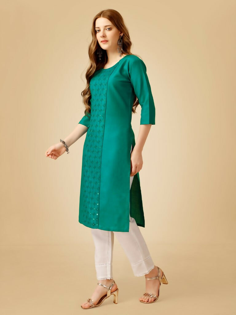 Jyoti Fashion Women's Rama Cotton Blend Embroidered Kurta Pant Set | Grocsy