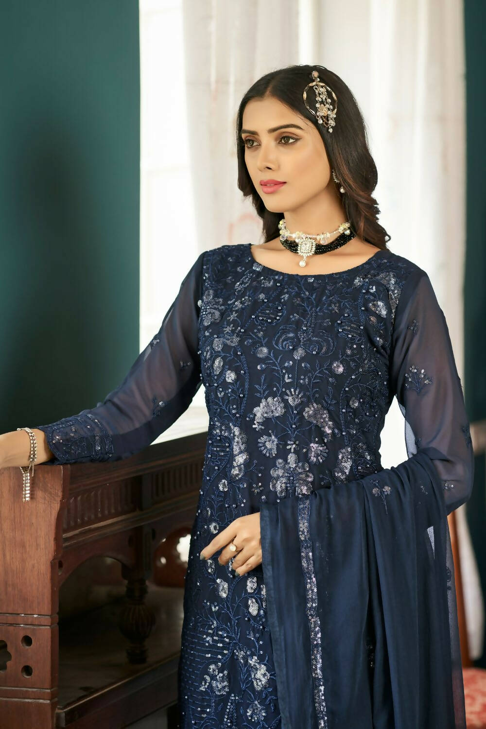 Blue Heavy Faux Georgette Embroidered Semi Stitched Suit - Dhvani | Grocsy