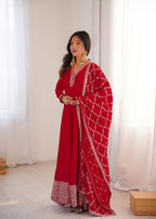 Lorenvalley Fashion Red Vichitra Silk with Full Kali Pattern Embroidery work Anarkali Gown with Dupatta | Grocsy