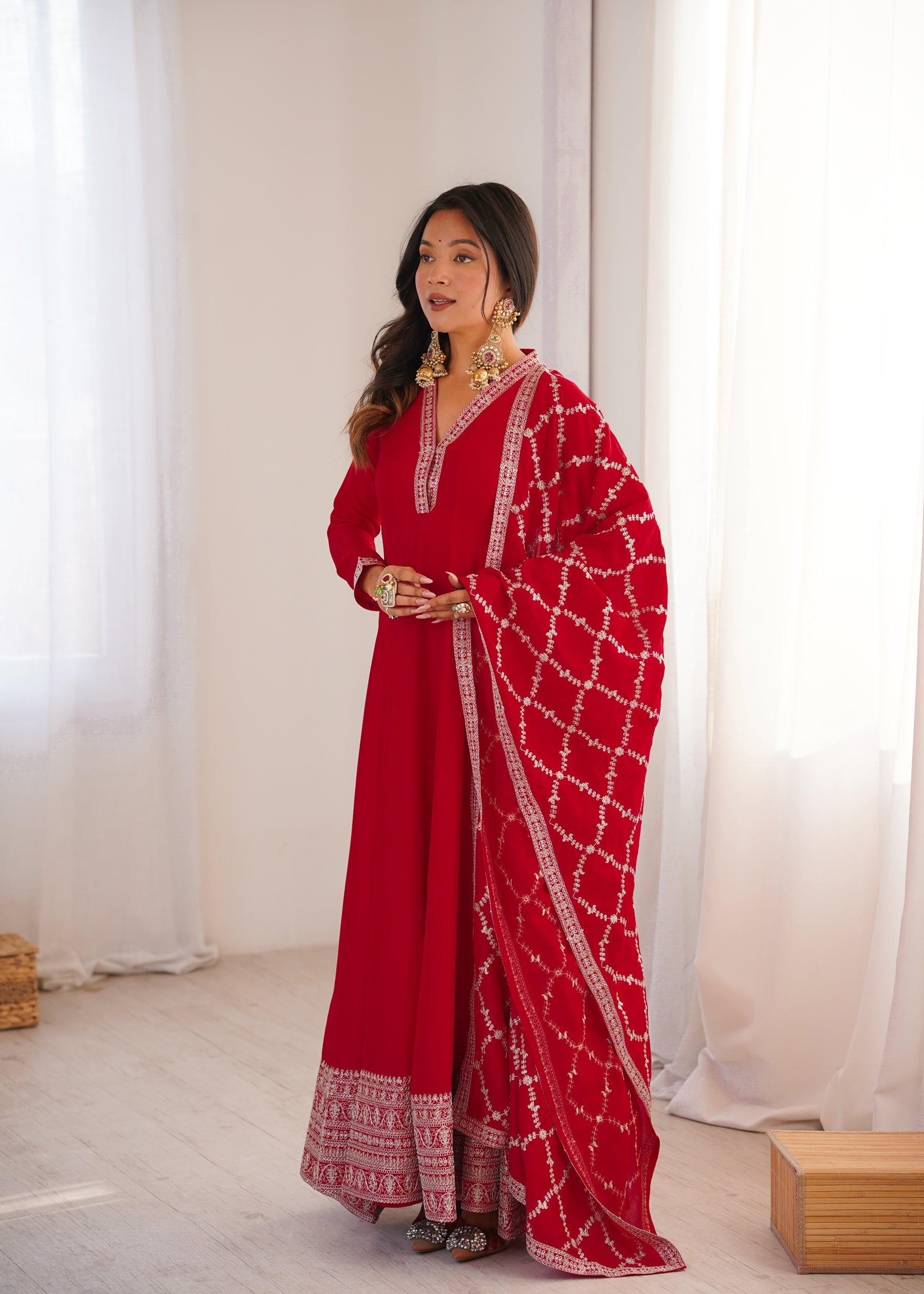 Lorenvalley Fashion Red Vichitra Silk with Full Kali Pattern Embroidery work Anarkali Gown with Dupatta | Grocsy