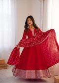 Lorenvalley Fashion Red Vichitra Silk with Full Kali Pattern Embroidery work Anarkali Gown with Dupatta | Grocsy