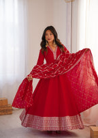Lorenvalley Fashion Red Vichitra Silk with Full Kali Pattern Embroidery work Anarkali Gown with Dupatta | Grocsy