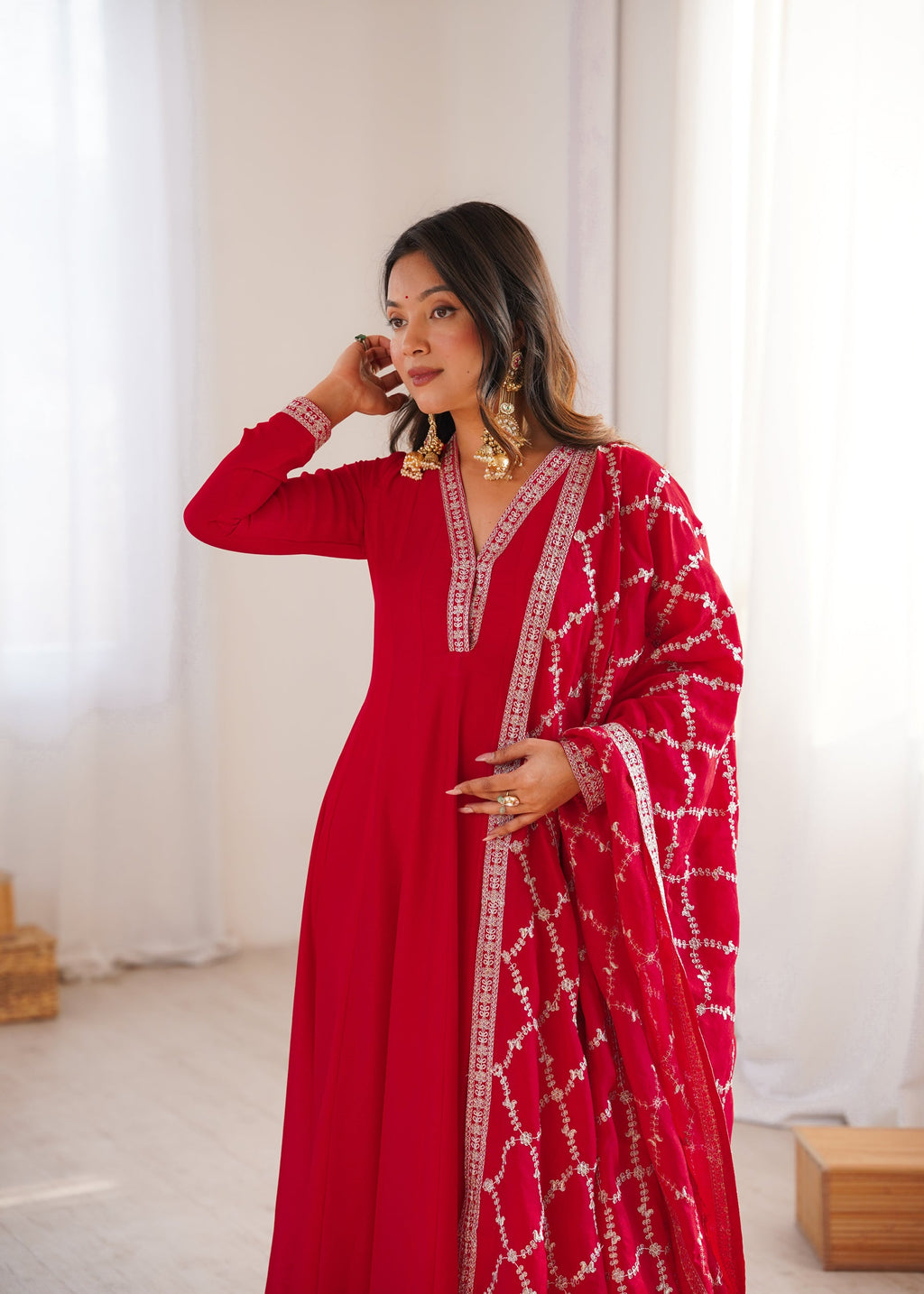 Lorenvalley Fashion Red Vichitra Silk with Full Kali Pattern Embroidery work Anarkali Gown with Dupatta | Grocsy
