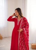 Lorenvalley Fashion Red Vichitra Silk with Full Kali Pattern Embroidery work Anarkali Gown with Dupatta | Grocsy