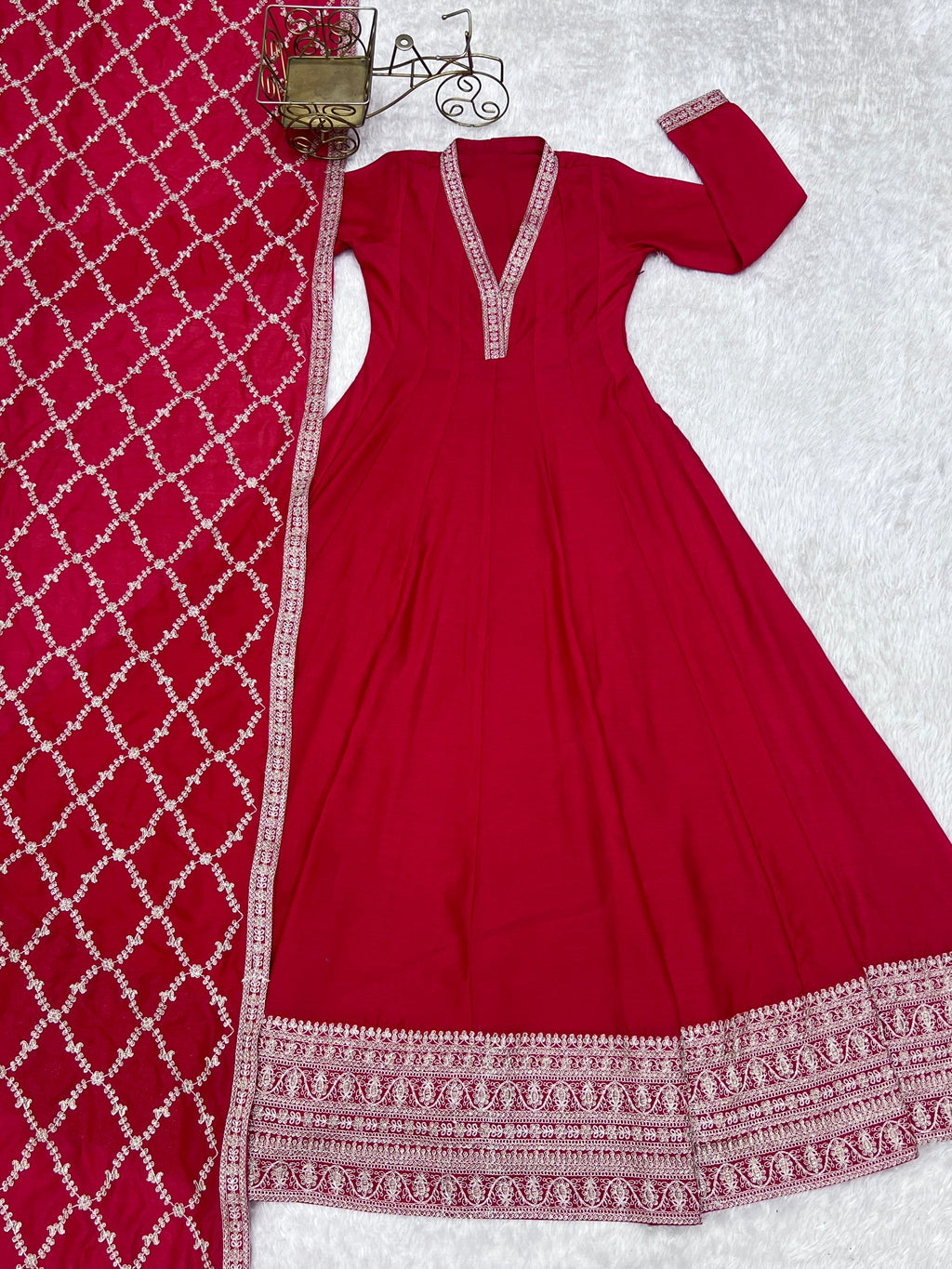 Lorenvalley Fashion Red Vichitra Silk with Full Kali Pattern Embroidery work Anarkali Gown with Dupatta | Grocsy