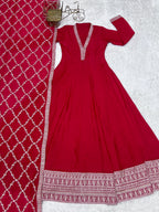 Lorenvalley Fashion Red Vichitra Silk with Full Kali Pattern Embroidery work Anarkali Gown with Dupatta | Grocsy