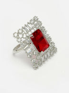 NVR Women's Red & Silver CZ-Studded Square-Shaped Adjustable Finger Ring | Grocsy