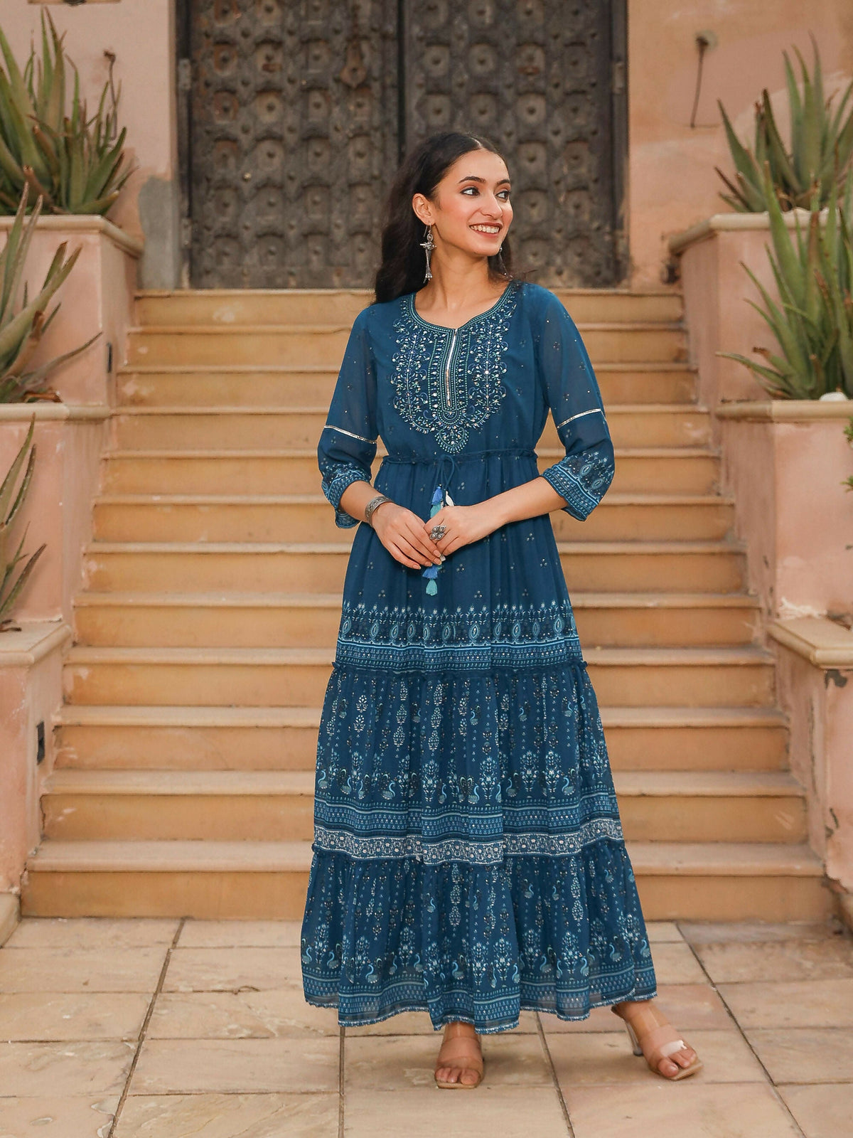 Juniper Women's The Dholitaro Blue Ethnic Motif Printed Georgette Tiered Dress With Sequins & Doris At Waist | Grocsy