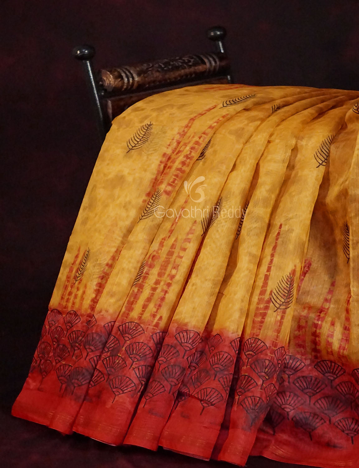 Yellow And Red Colour Block Print Semi Chanderi Saree By Gayathri Reddy Designer Studio | Grocsy