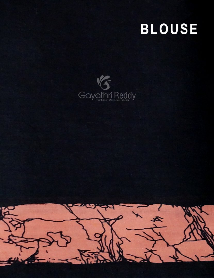 Peach And Black Block Print Pure Mulmul Cotton Saree By Gayathri Reddy Designer Studio | Grocsy
