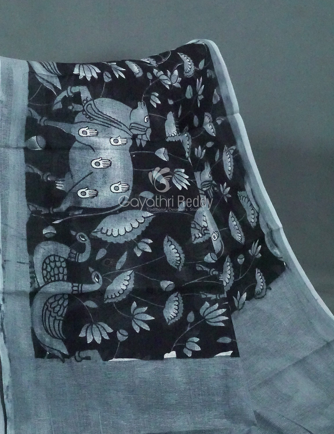 Black and Grey Pichwai Print Munga Cotton Saree By Gayathri Reddy Designer Studio | Grocsy