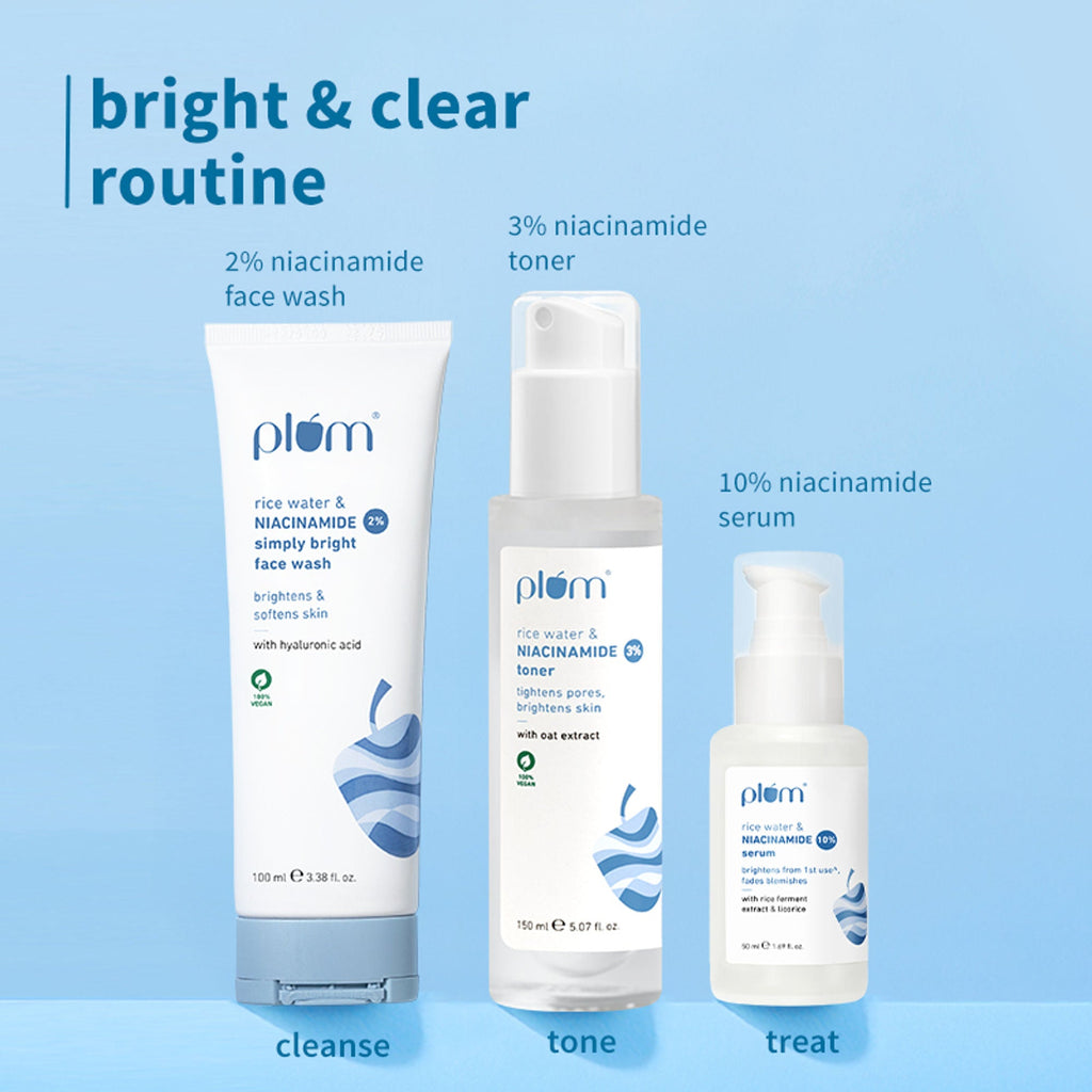 Plum Niacinamide Facewash, Toner & Face Serum Combo Tightens Pore, Fades Blemishes & Hydrates | Grocsy