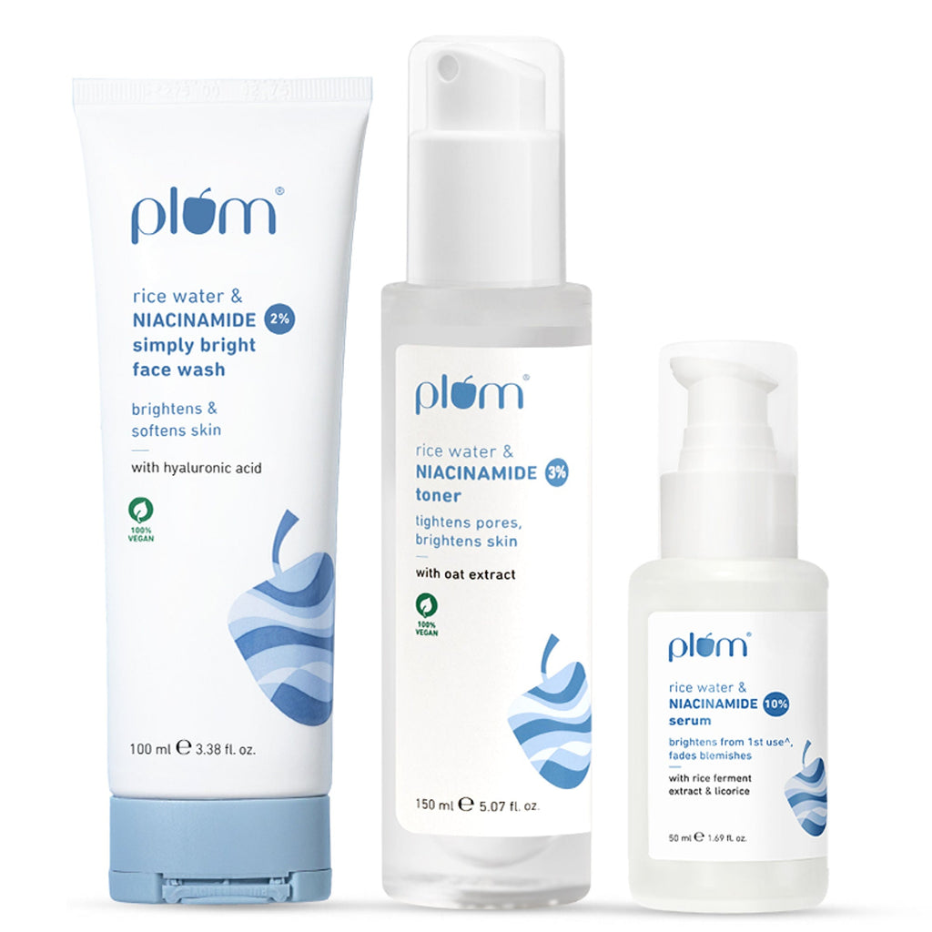 Plum Niacinamide Facewash, Toner & Face Serum Combo Tightens Pore, Fades Blemishes & Hydrates | Grocsy