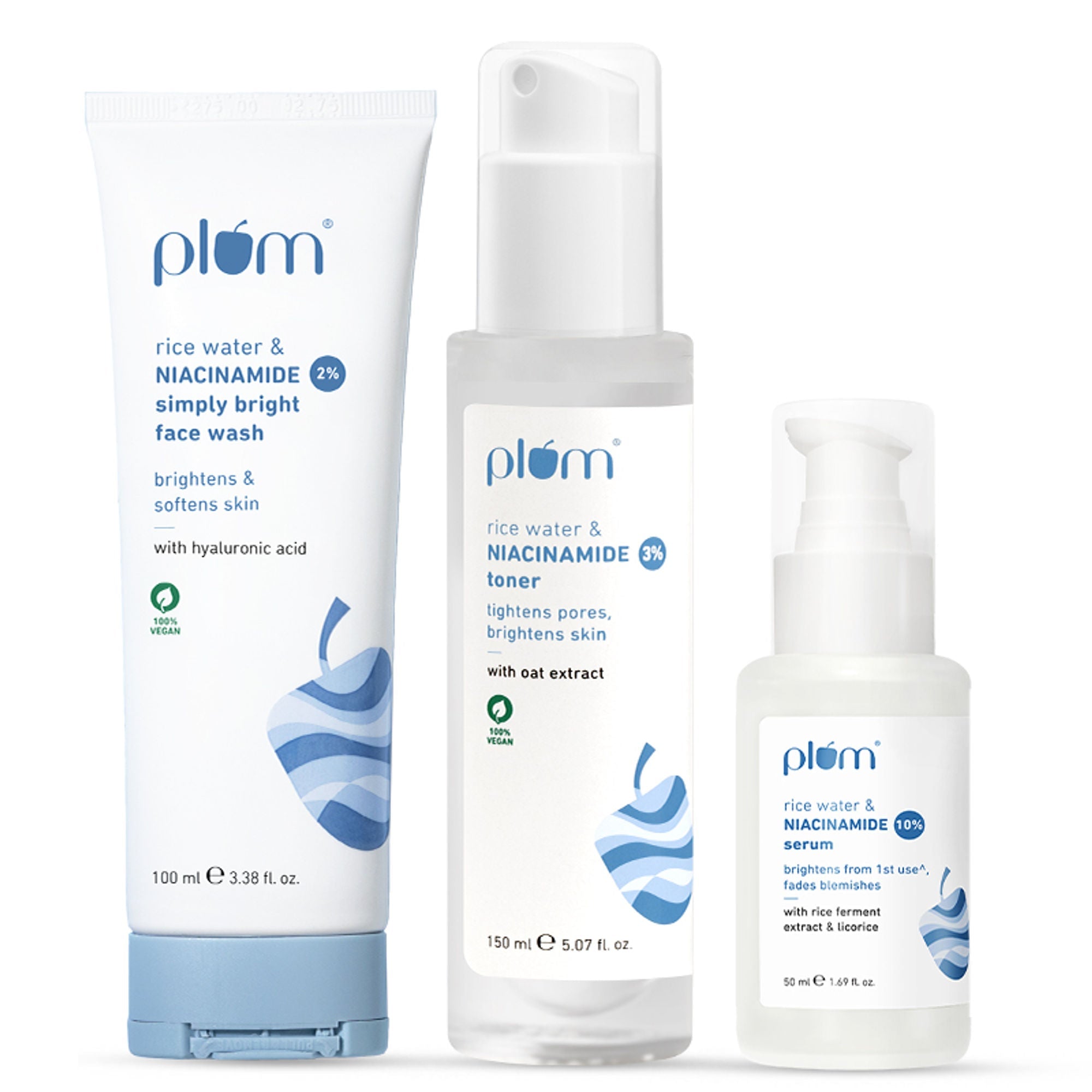 Plum Niacinamide Facewash, Toner & Face Serum Combo Tightens Pore, Fades Blemishes & Hydrates | Grocsy