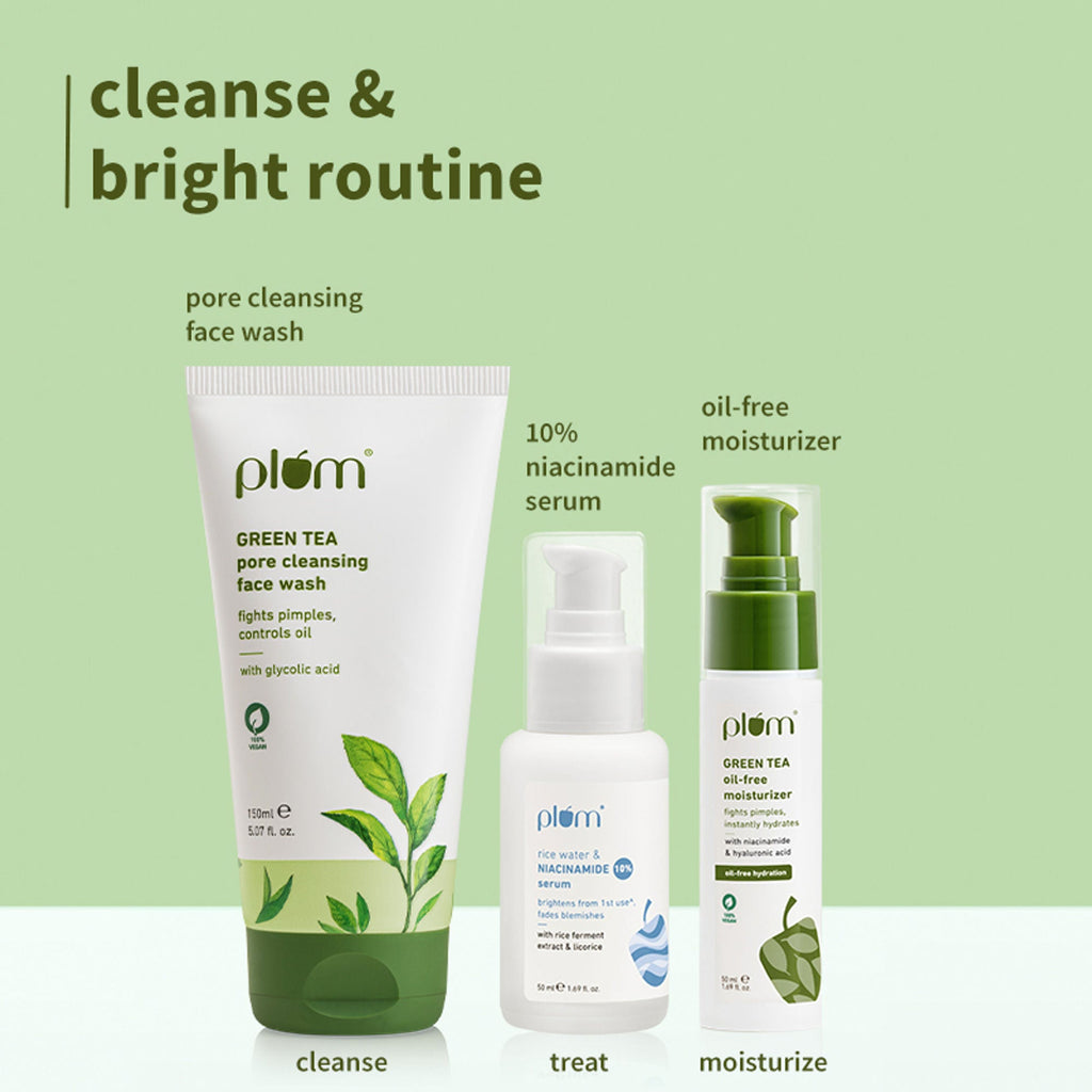 Plum Green Tea Face Wash, Serum And Moisturizer Trio With SPF 50 PA+++ For Acne Prone & Oily Skin | Grocsy