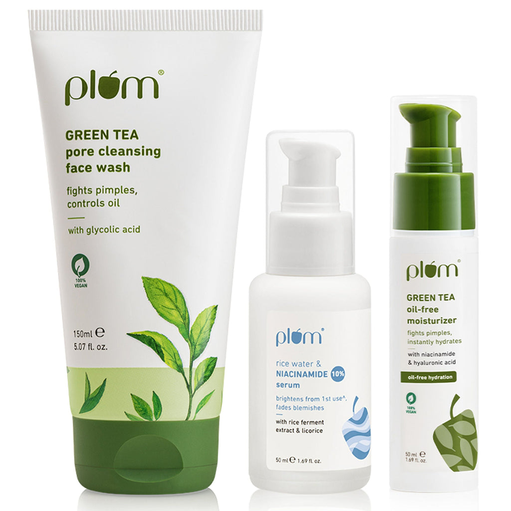 Plum Green Tea Face Wash, Serum And Moisturizer Trio With SPF 50 PA+++ For Acne Prone & Oily Skin | Grocsy