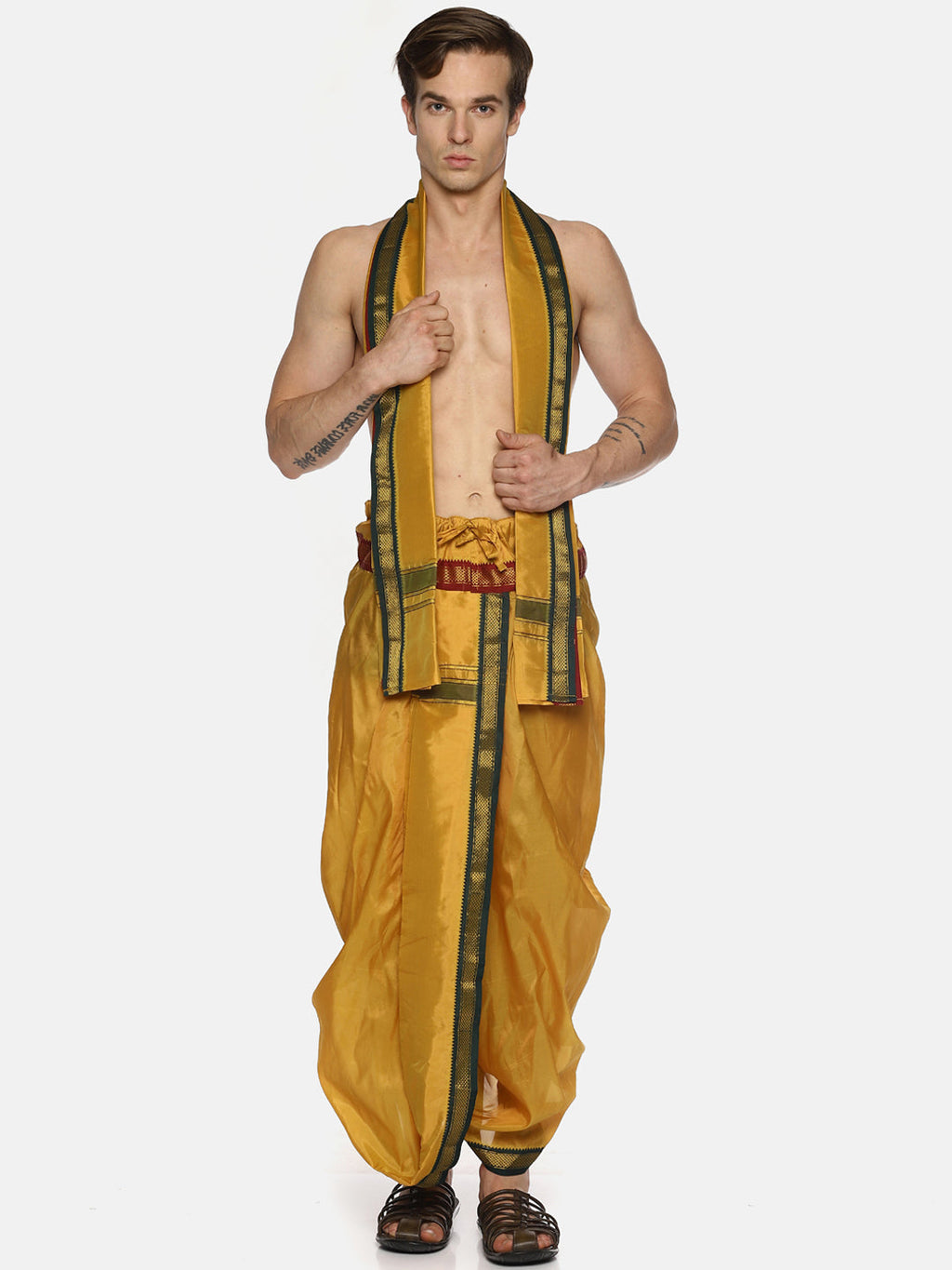 Sethukrishna Men Yellow Solid Readymade Dhoti Pants With Angavastram | Grocsy