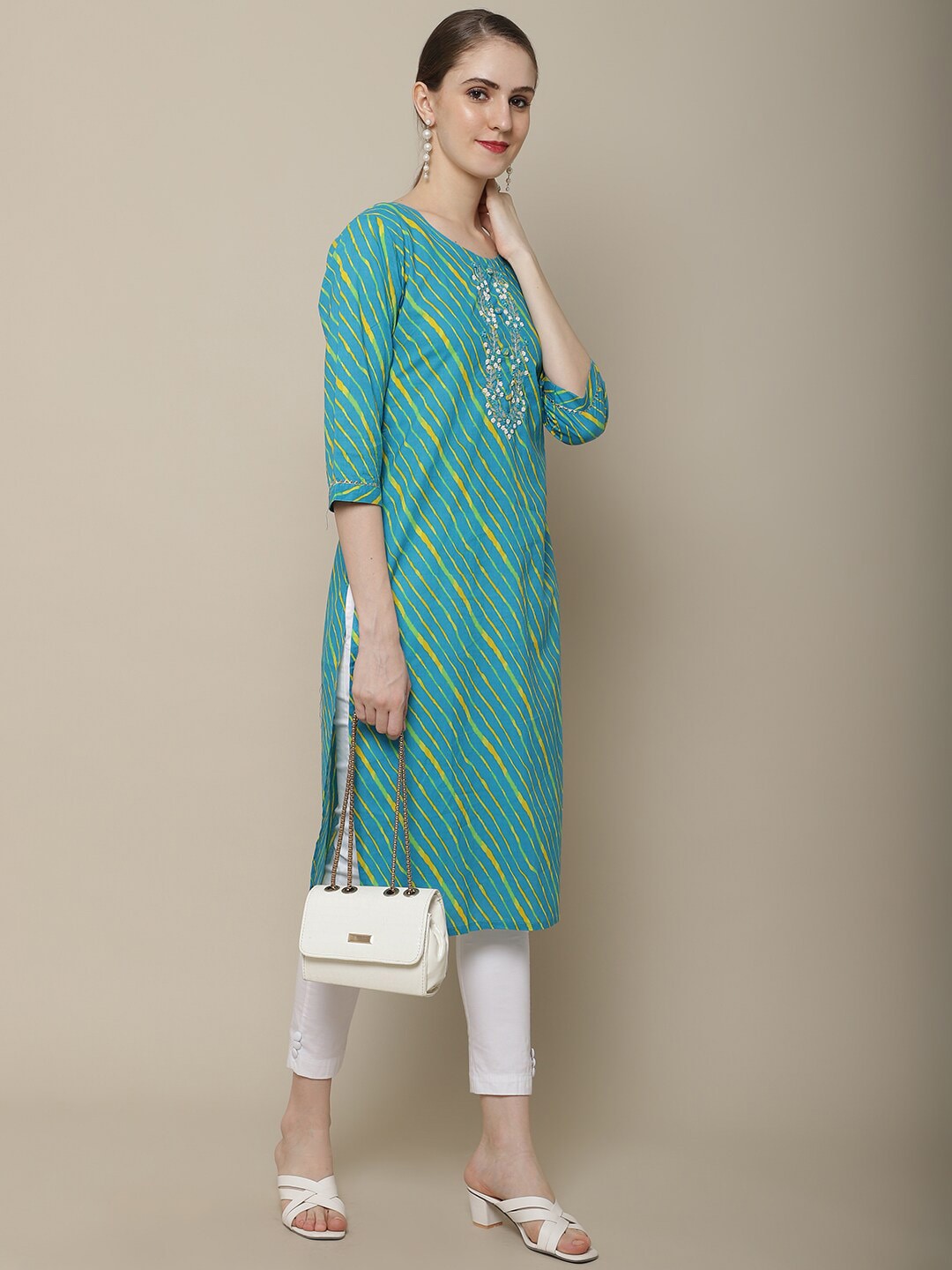 Sangria Women Blue & Yellow Leheriya Dyed Thread Work Kurta | Grocsy