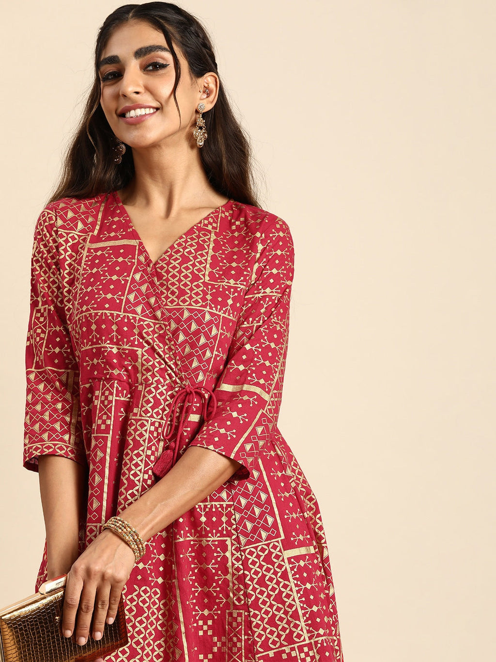 Sangria Women Ethnic Motifs Printed Angrakha Pure Cotton Kurta with Trousers | Grocsy