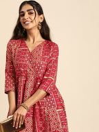 Sangria Women Ethnic Motifs Printed Angrakha Pure Cotton Kurta with Trousers | Grocsy