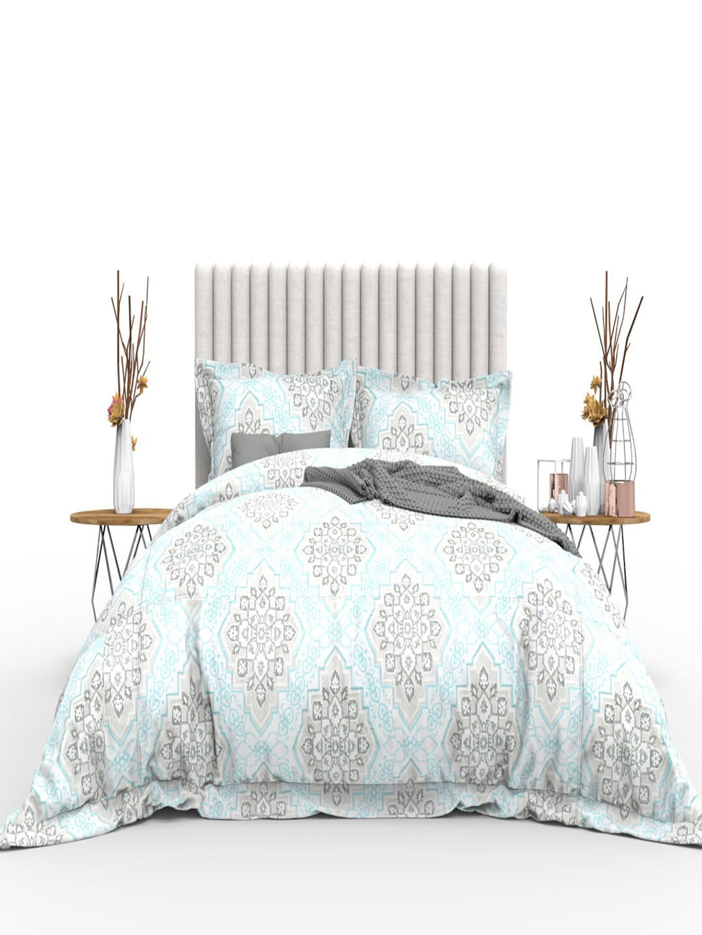 THE WHITE MOSS Blue & Grey Ethnic Motifs 350 TC Cotton King Bedsheet with 2 Pillow Covers | Grocsy
