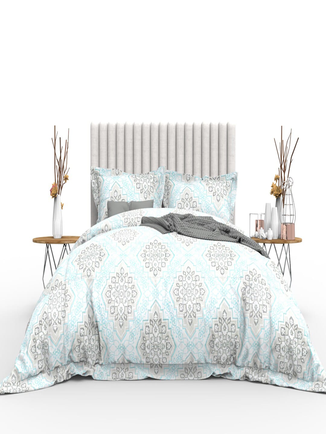 THE WHITE MOSS Blue & Grey Ethnic Motifs 350 TC Cotton King Bedsheet with 2 Pillow Covers | Grocsy