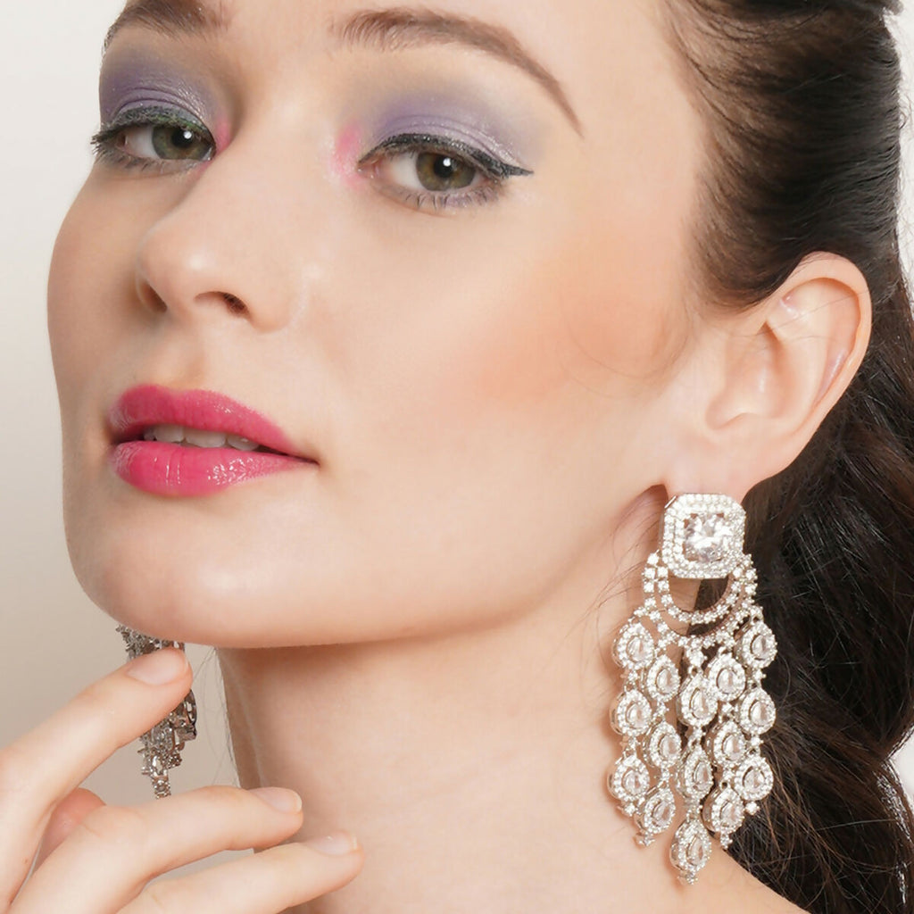 Long Diamond Studded Dangler Earrings- Ruby Raang | Grocsy