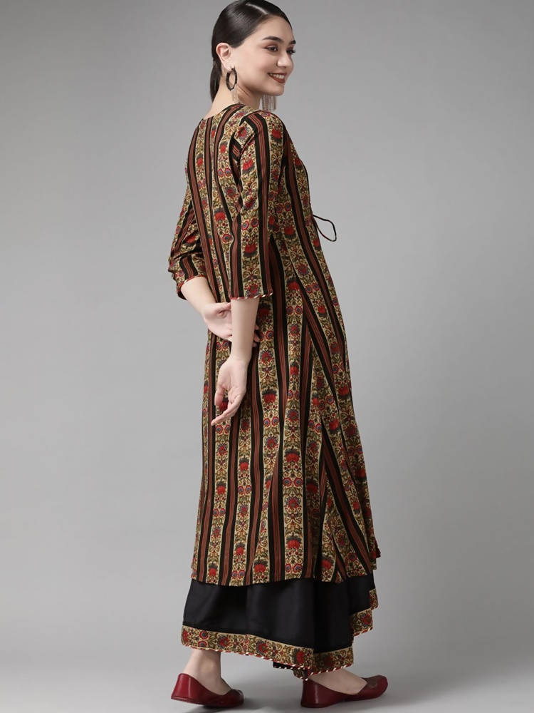 Yufta Women Black & Red Solid Embroidered Detail A-Line Maxi Dress with Ethnic Jacket | Grocsy